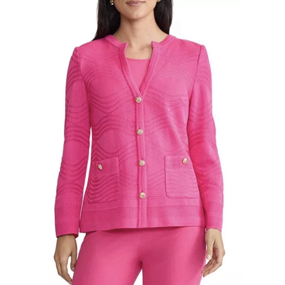 Ming Wang Tonal Textured Wave Knit Jacket Pink Cardigan Size Small